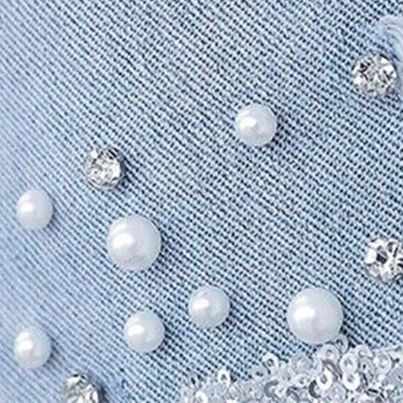 Women's High Rise Slim Fit Denim Jeans Pearl Beaded Frayed Fringe - Picture 7 of 7